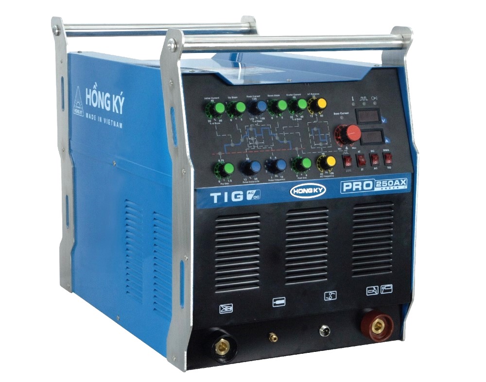 The TIG250AXPRO Hong Ky welding machine, with 250A power, supports both TIG and MMA welding, making it ideal for aluminum welding